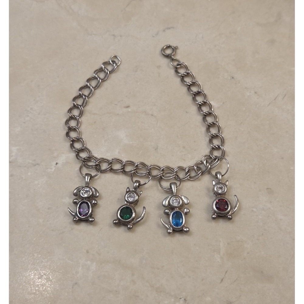 Vintage Sterling Silver‎ Double Link 2 Cat & 2 Dog Gemstone Charm Bracelet 7.25"